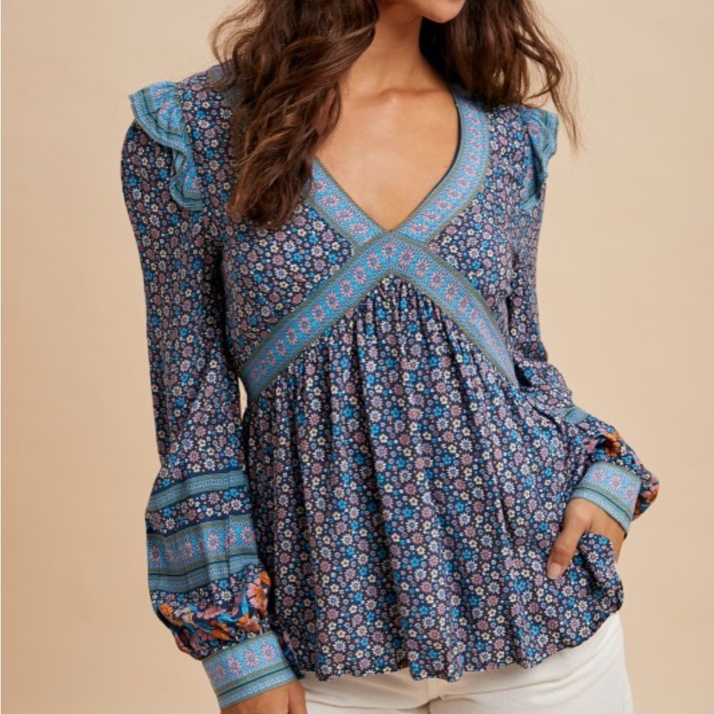 Floral Print Boho Blouse Blue - Picture 1 of 6